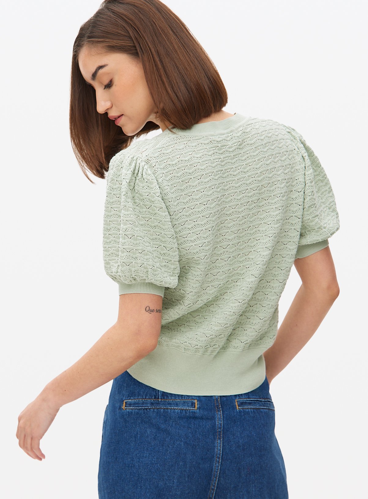 Pale Green Stitch Detail Puff Sleeve Top 24 - Image 4 thumbnail